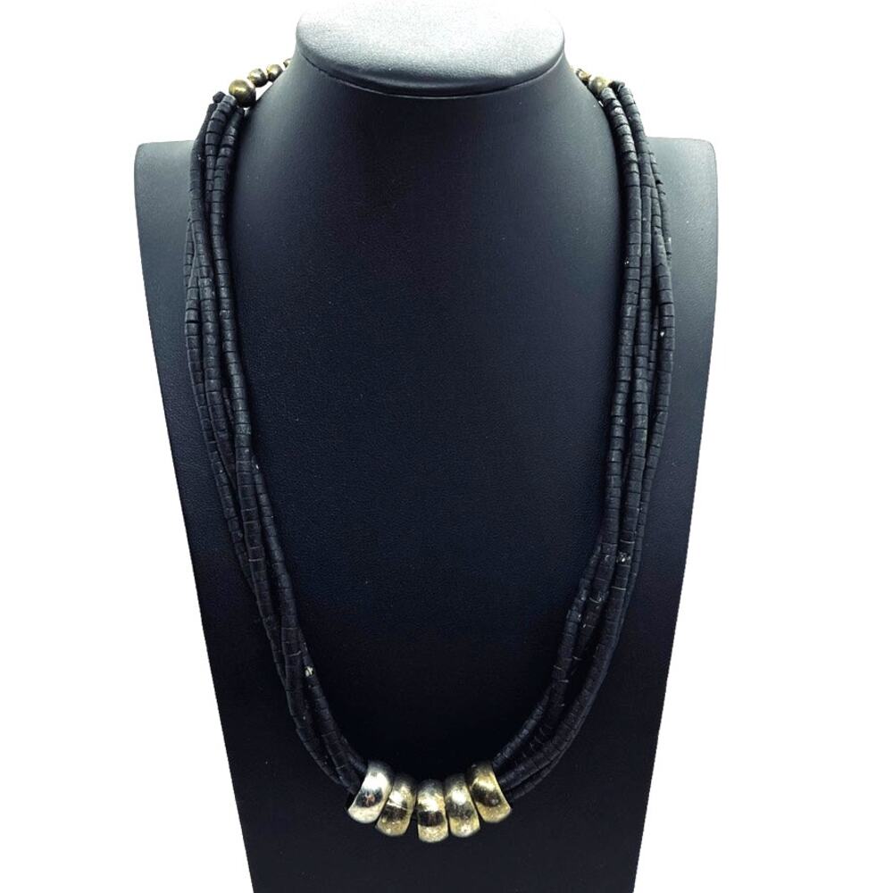 Retro Necklace Women's Black Silver Tone Beads Hook Clasp 80s Chic Coconut Disk
